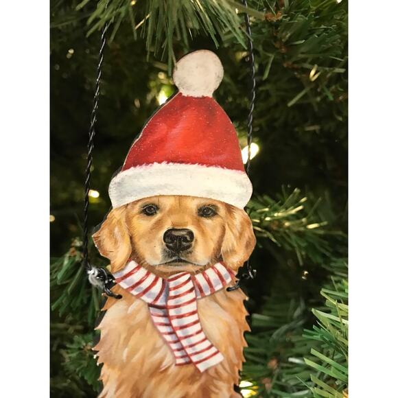 Golden Blonde Retriever Dog Ornament Christmas Tree Santa Hat Scarf Wire Hanger - Picture 3 of 3
